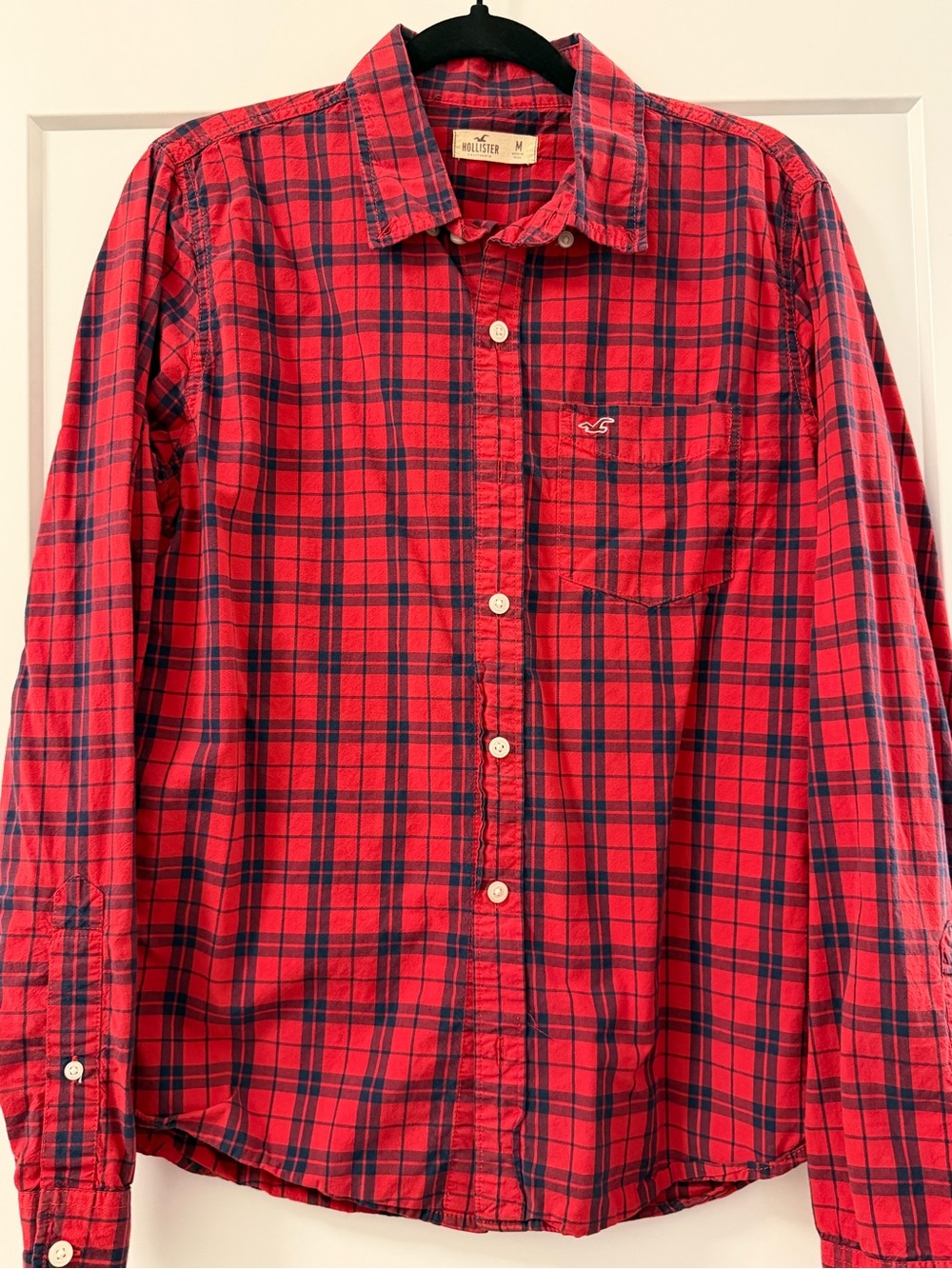 Hollister Red and Navy Plaid Button-Down Shirt - Men's
